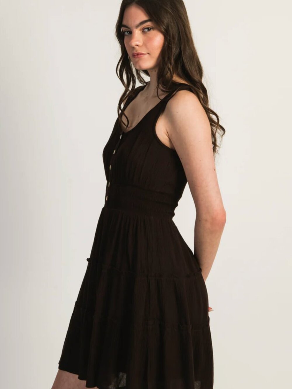 Patrons of Peace Olinda Tiered Dress Medium Brown Button Front Strappy Rayon - Picture 2 of 6